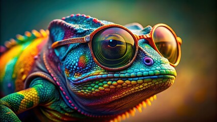 Wall Mural - Colorful chameleon with sunglasses, chameleon, colorful, sunglasses, reptile, camouflage, exotic, wild, nature, vibrant