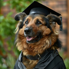 Poster - Shepherd dog graduation cap orange sunglasses gown standing outdoors happy. Concept of education