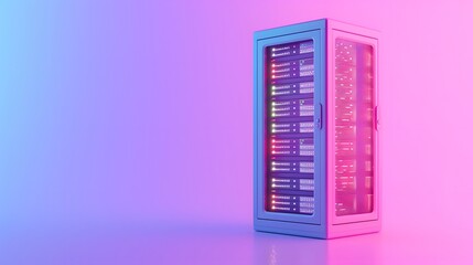 Poster - A modern server rack illuminated with pink and blue lighting, symbolizing advanced technology and data storage in a futuristic setting.