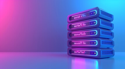 Poster - A stack of modern network servers with vibrant purple and blue lighting, representing data storage and digital technology in a futuristic setting.