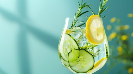 Canvas Print - Refreshing summer drink with cucumber and lemon. Bright and vibrant composition in minimalist style. Perfect for health and wellness concepts. This creative image serves various design purposes. AI.