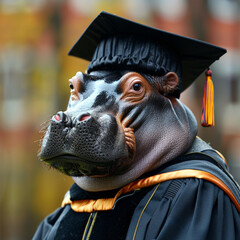 Wall Mural - Realistic photo Hippo wearing dark graduation gown graduation hat colorful tassel. Concept education