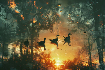 Poster - Ducks Silhouettes in a Sunset Reflection Illustration