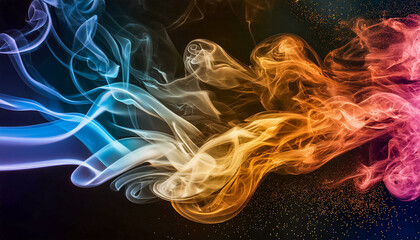 Wall Mural - Abstract gradient colored smoke flying on black space with small flying sparkling particles of light, night life of fantastic creature