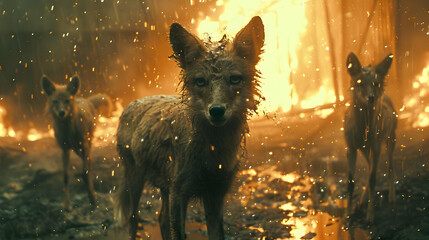 Canvas Print - Wet Wolf in a Firey Setting, Illustration