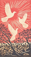 Sticker - Gold pink silver doves flying painting drawing nature.