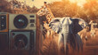 © Siasart Studio - Vintage Boombox and Elephant in African Savanna Illustration