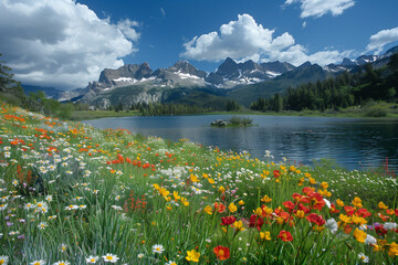 Wall Mural - Wildflowers blooming by the shores of an alpine lake