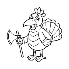 Cartoon turkey holding an axe vector line art