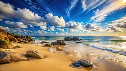 Wall Mural - A serene beach scene with a harmonious blend of sand, rocks, and endless blue skies, beach, sand, rocks, blue skies