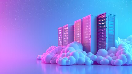 Poster - Futuristic cloud computing data servers glowing in pastel colors with fluffy clouds, showcasing innovation in technology and digital infrastructure.