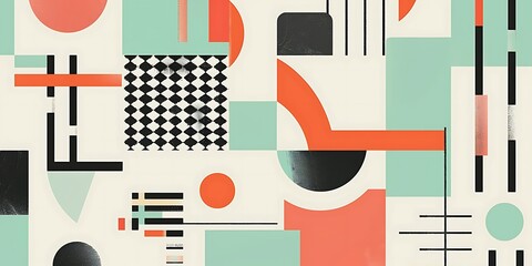 Poster - A retro poster with bold geometric shapes and contrasting colors, such as circles, squares and lines forming patterns resembling musical instruments