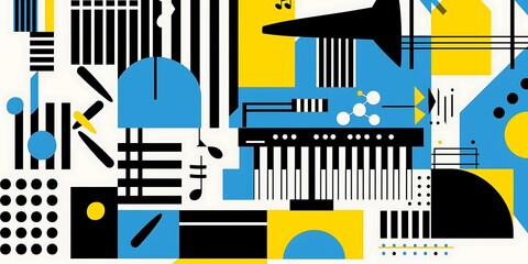 Poster - A retro poster with bold geometric shapes and contrasting colors, such as circles, squares and lines forming patterns resembling musical instruments