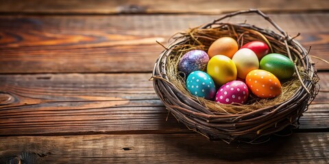 Beautiful easter eggs in nest on wooden desk. Colorful egg for decoration, Easter, eggs, nest, wooden desk, colorful