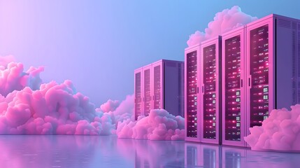 Poster - Futuristic data center servers amidst ethereal pink clouds, reflecting on the glossy surface below. Conceptual technology and cloud computing.