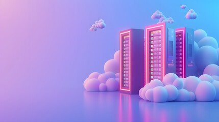 Poster - Futuristic data center servers with neon lights floating in the clouds, representing cloud computing and internet technology.