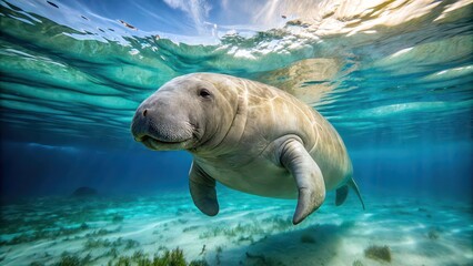 Sticker - Calm dugong swimming near the ocean surface, Cute marine animal, rare sea mammal, dugong, ocean, surface, marine, animal, mammal