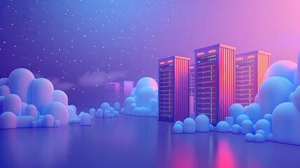 Poster - Futuristic data center with colorful lighting and cloud formations, reflecting in a serene body of water at twilight.