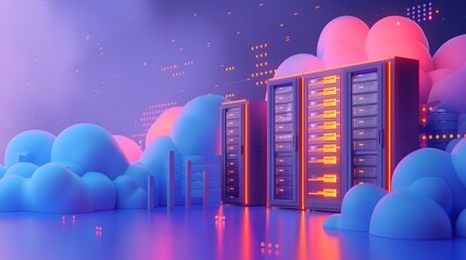 Poster - Futuristic data center with glowing servers amidst vibrant neon clouds, representing cloud computing and advanced technology.