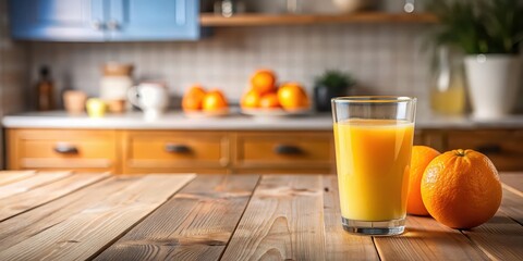 Sticker - A refreshing glass of orange juice sitting on a wooden kitchen table, refreshing, orange juice, glass, kitchen, table, drink