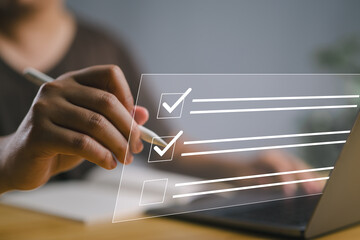 Poster - Questionnaire with checkboxes, filling survey form online, answer questions of test. Survey form concept. Education futuristic technology and learning concept.
