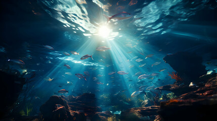 Wall Mural - Underwater Sunlight and Fish Photo