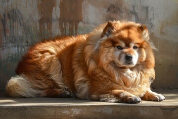 Wall Mural - Fluffy chow chow dog relaxes in warm sunlight against an urban backdrop