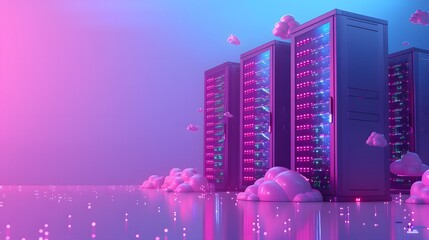 Poster - Futuristic data servers in a bright, colorful setting, representing cloud computing and innovative technology advancements.