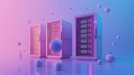 Poster - Futuristic data servers in a pink and blue gradient background with floating spheres, representing modern technology and data storage.