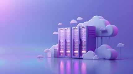 Poster - Futuristic data servers with cloud technology in a vibrant, purple setting. Represents modern data storage and network solutions.