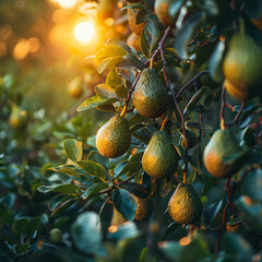 Wall Mural - Avocado tree plantation from close up angle, focusing avocados hanging branches, blurred background