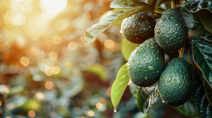 Wall Mural - Avocado tree plantation from close up angle, focusing avocados hanging branches, blurred background