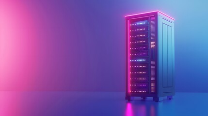 Poster - Futuristic server rack with vibrant neon lighting, highlighting advanced data center technology in a modern gradient background.
