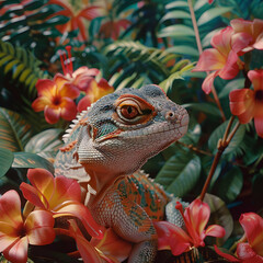 Poster - Close-up of a Colorful Lizard in Tropical Flowers - 3D Illustration