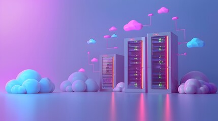 Poster - Futuristic server racks connected to cloud icons in a neon-lit environment, representing data storage and cloud computing technology.