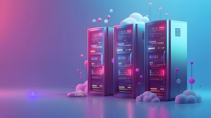 Poster - Futuristic server racks in a data center surrounded by clouds, illustrating cloud computing technology with neon lighting effects.