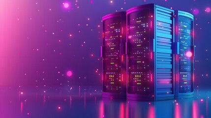Poster - Futuristic server racks in a neon-lit data center, showcasing advanced technology and digital infrastructure in a vibrant, high-tech environment.