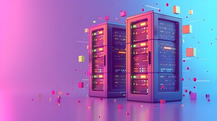 Poster - Futuristic server racks with colorful digital elements in a data center, showcasing modern technology and network infrastructure.
