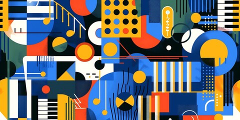 Poster - A retro poster with bold geometric shapes and contrasting colors, such as circles, squares and lines forming patterns resembling musical instruments