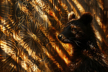 Canvas Print - Wet Black Animal with Golden Abstract Background Illustration