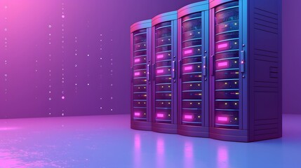 Poster - Futuristic server room with glowing purple and blue lights, showcasing advanced technology and modern data center infrastructure.