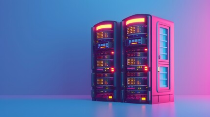 Poster - Futuristic server room with glowing neon lights, showcasing modern technology and data storage systems. Perfect for tech and IT themes.