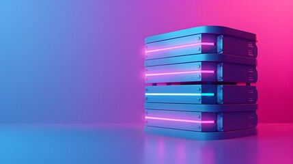 Poster - Futuristic server stack with blue and pink neon lights in a modern technology data center. Cyberpunk aesthetic design for digital infrastructure.