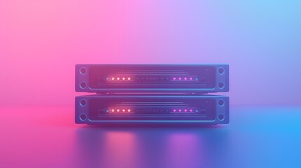 Poster - Futuristic server units with LED lights, set against a vibrant pink and blue gradient background. Modern data technology concept.