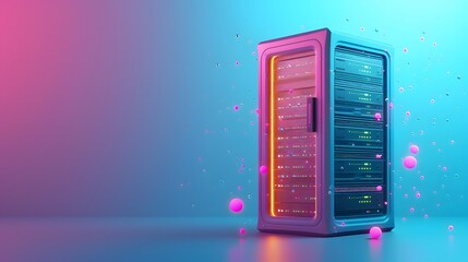 Poster - Futuristic server with neon lighting against a gradient background, representing modern technology and data storage.