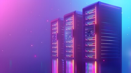 Poster - Futuristic servers in a data center with neon lights, symbolizing advanced technology, cloud computing, and digital infrastructure.