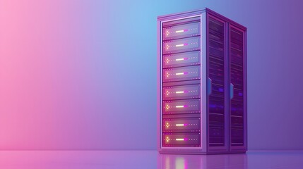 Poster - High-tech server rack in a vibrant room, showcasing modern technology and data storage infrastructure with pink and blue lighting.