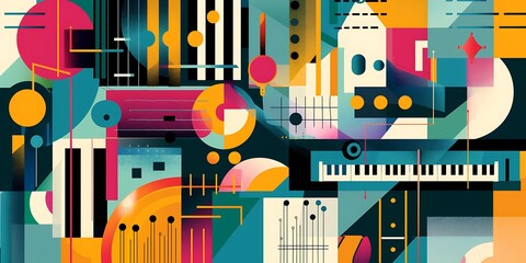Poster - A retro poster with bold geometric shapes and contrasting colors, such as circles, squares and lines forming patterns resembling musical instruments