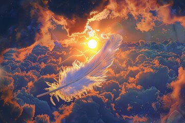 Poster - Tranquil scene of a delicate feather drifting through a vibrant sunset sky with radiant clouds