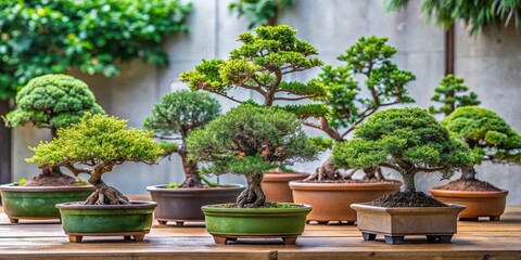 Poster - A collection of small bonsai trees beautifully arranged in a pot , miniature, garden, nature, decoration, art, plant, Japanese